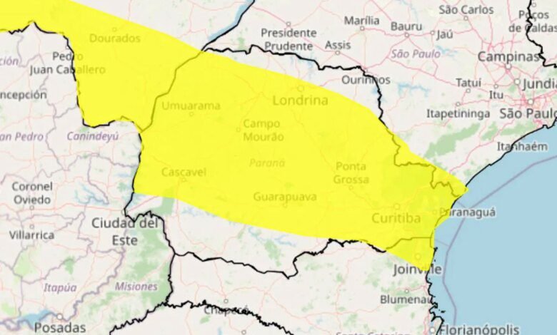 Alerta amarelo prevê chuva forte e ventos de até 60 km/h no Paraná