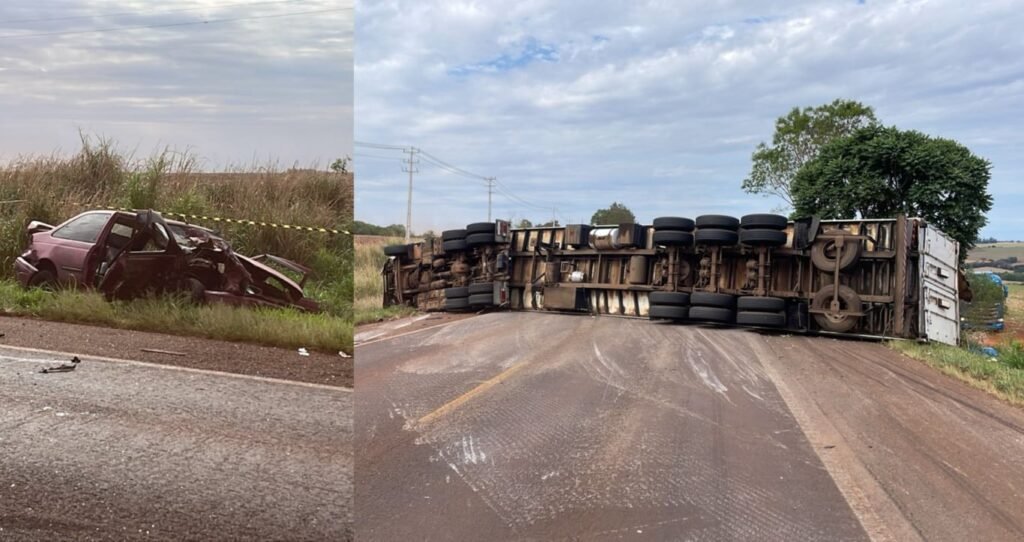Carreta tomba e carro é destruído em acidente na BR-369 Foto: Luiz Felipe Max/SOT