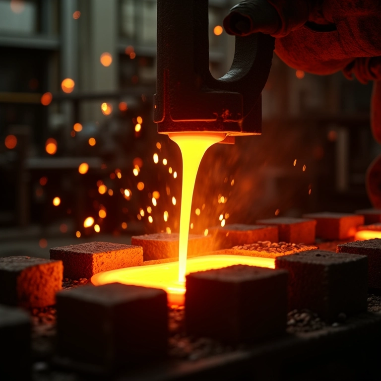 Aço fundido sendo despejado em moldes em uma siderúrgica.