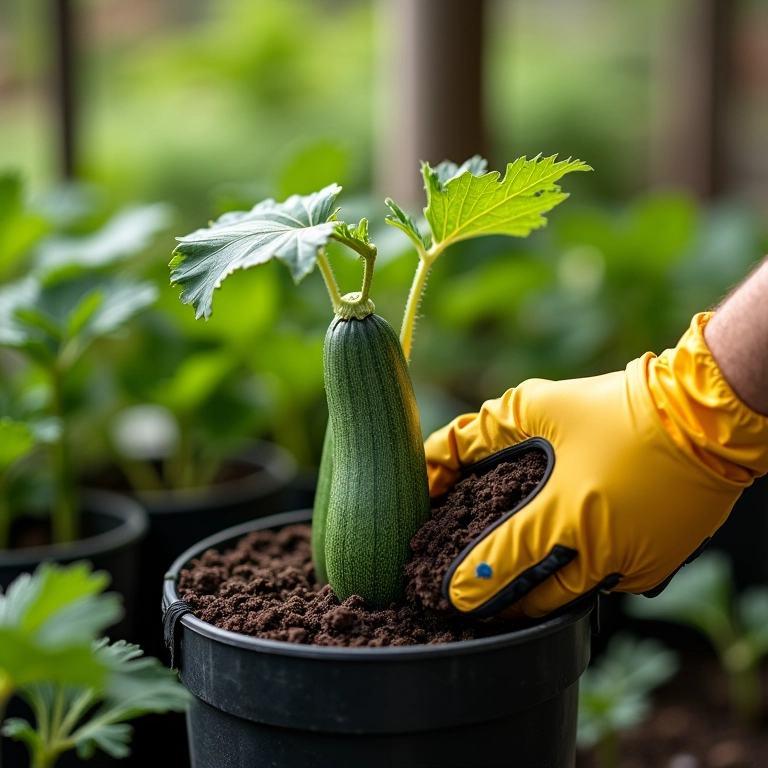 Adubando uma planta de abobrinha em vaso para um crescimento saudável.