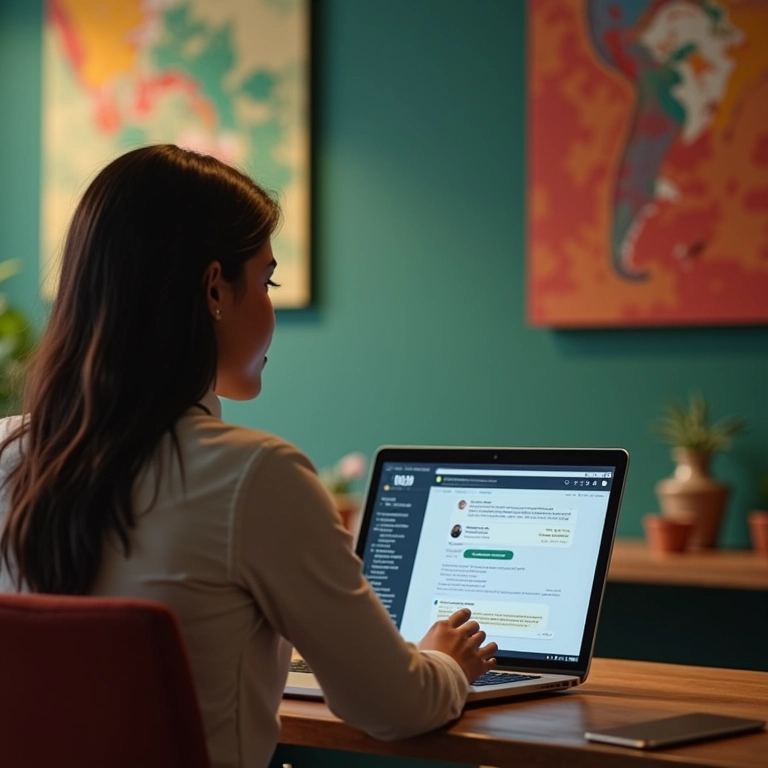 Agente de suporte simpático auxiliando cliente via chatbot, demonstrando empatia.