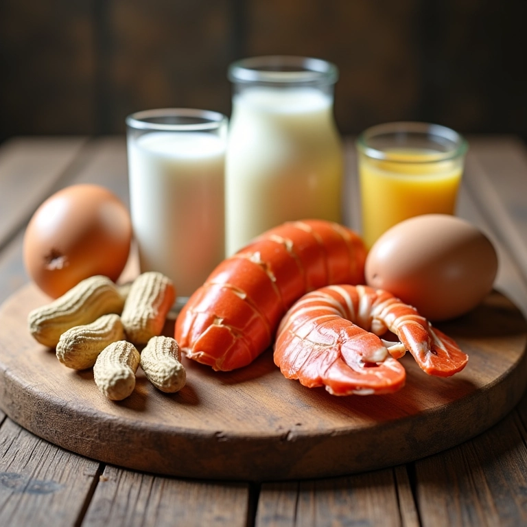 Alimentos alergênicos comuns: amendoim, leite, ovos e frutos do mar.