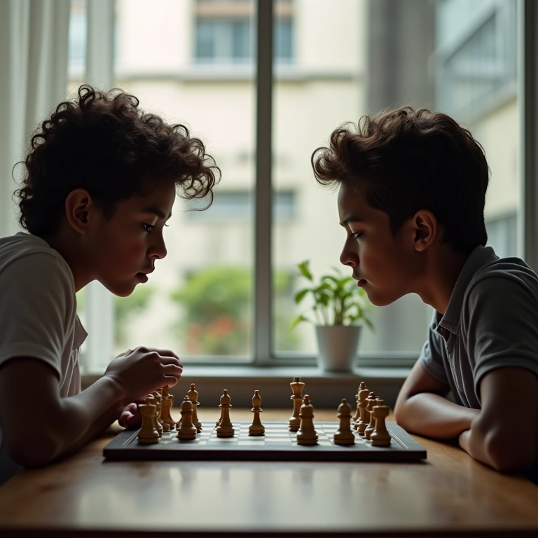 Amigos jogando xadrez com intensidade, ilustrando a competição e o pensamento estratégico nos jogos.