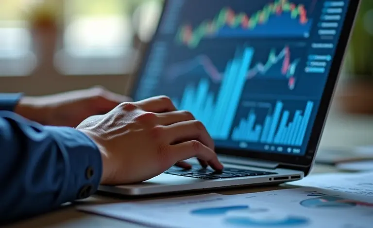 Análise de orçamento empresarial em laptop com gráficos.