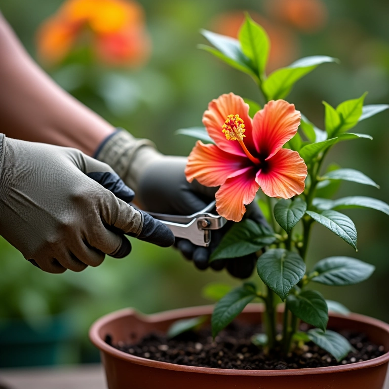 Aplicando fertilizante em planta de hibisco.