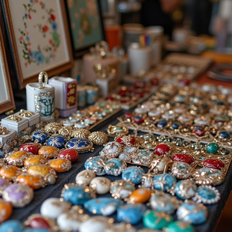 Artesã exibindo joias artesanais em uma feira de artesanato local, representando o artesanato na economia criativa.