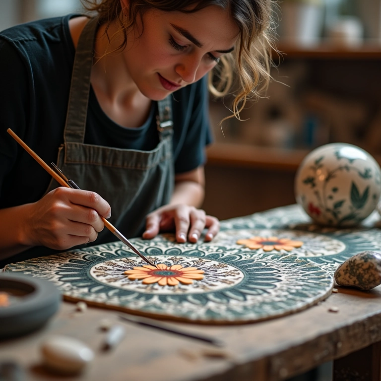 Artesã pintando à mão um intrincado padrão floral em azulejo cerâmico, representando a repetição e o aperfeiçoamento.