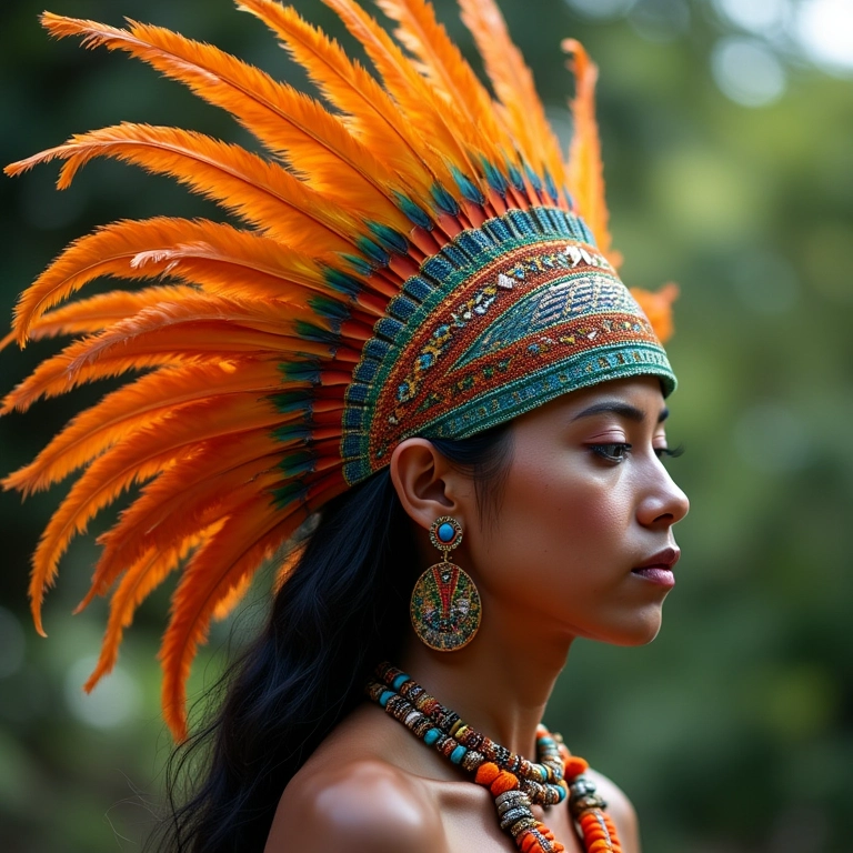 Artista indígena brasileiro criando um cocar de penas tradicional, representando a cultura como inspiração.