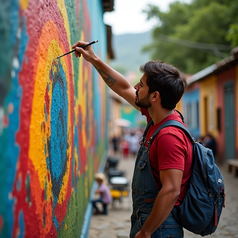 Artista pintando mural colorido.