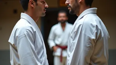 Atletas de karatê e judô se cumprimentam em um dojo.