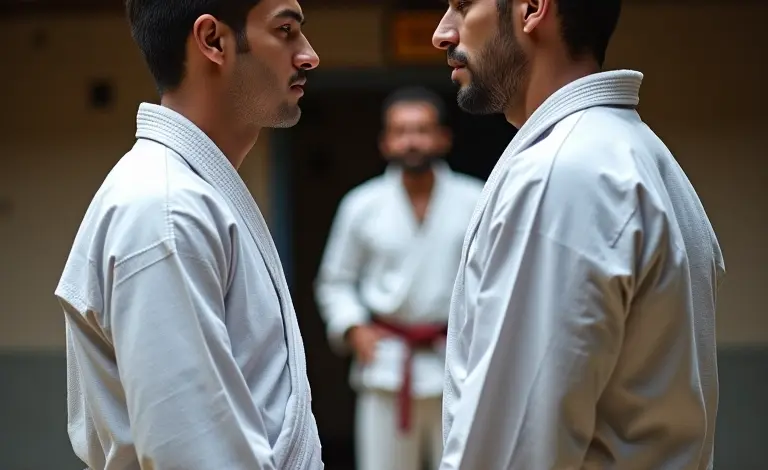 Atletas de karatê e judô se cumprimentam em um dojo.