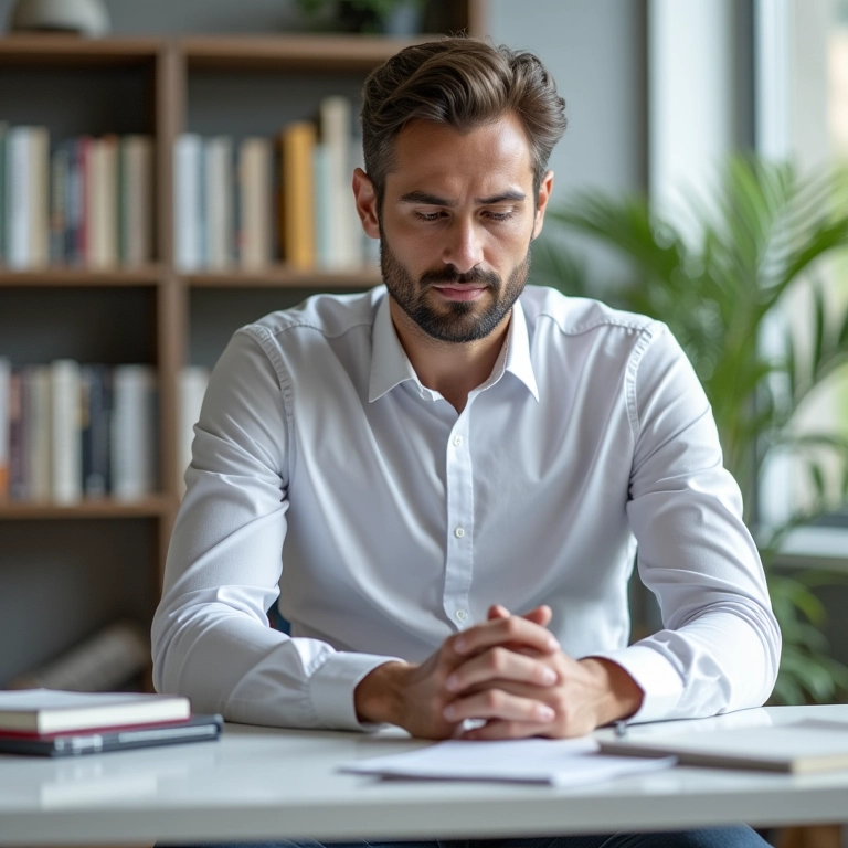 Bacharel em pedagogia atuando como consultor em um escritório moderno e iluminado.
