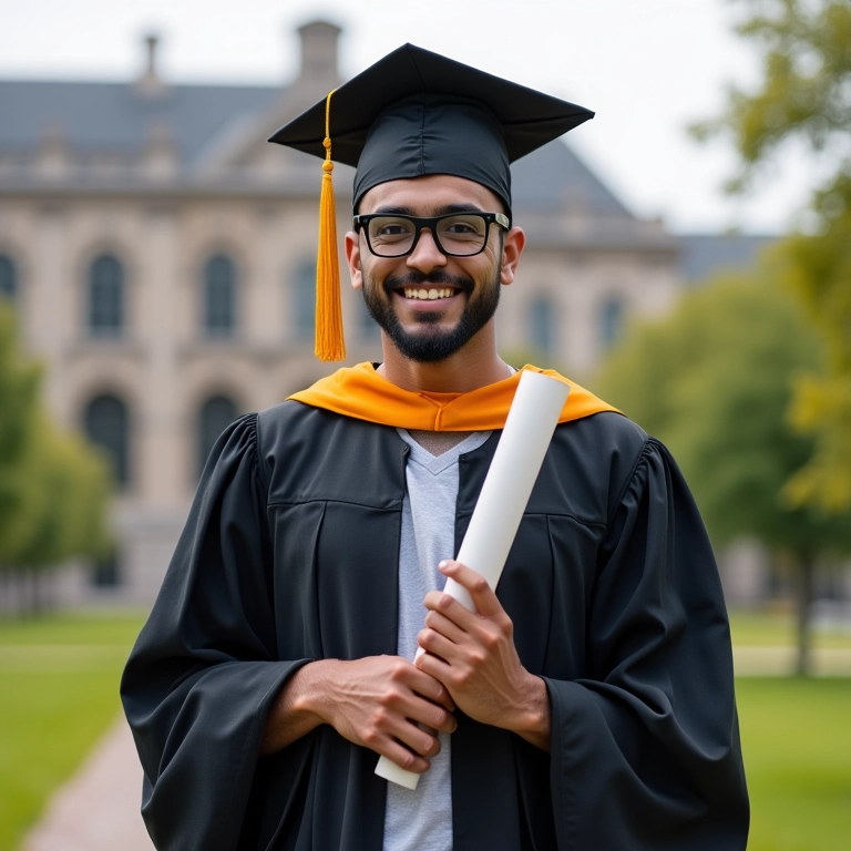 Bacharel em Pedagogia sorrindo com diploma em frente a universidade.