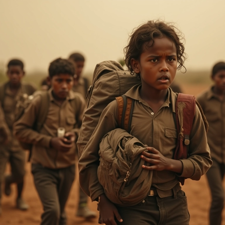 Brasileiros fugindo de área de guerra, rostos com medo e desespero.