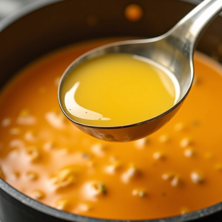 Caldo sendo adicionado ao molho para deixá-lo mais leve.