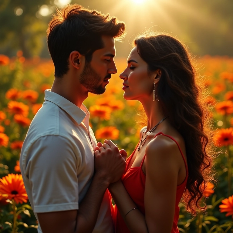 Casal de mãos dadas, conexão emocional intensa, flores vibrantes.