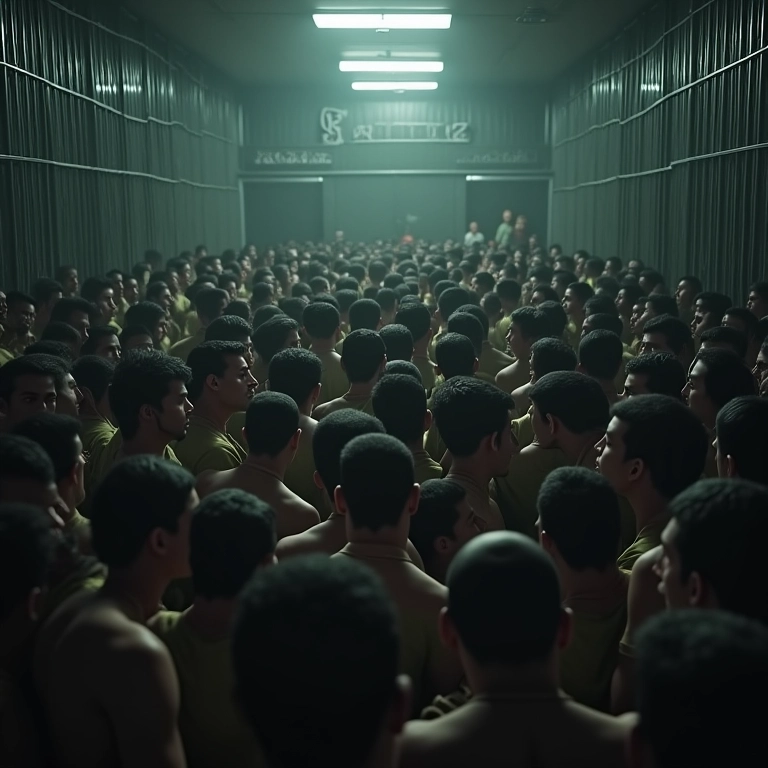 Cela de prisão lotada com organização e símbolos 'PCC' discretos.