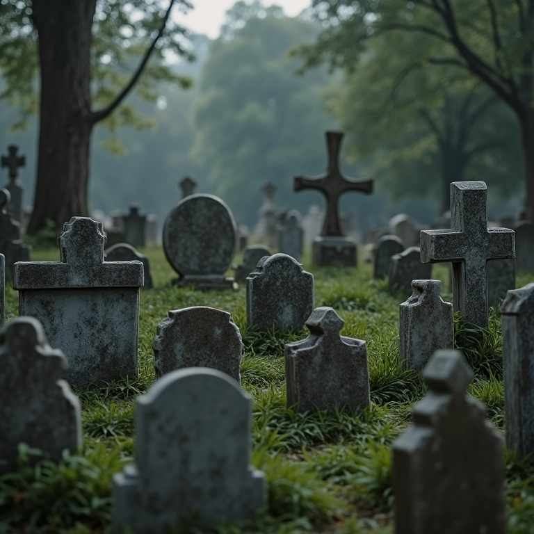 Cemitérios lotados de túmulos, representando o número de mortos durante a pandemia.
