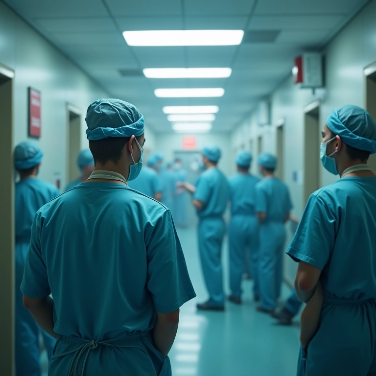 Cenas de hospitais sobrecarregados com equipes médicas lutando para lidar com uma epidemia.