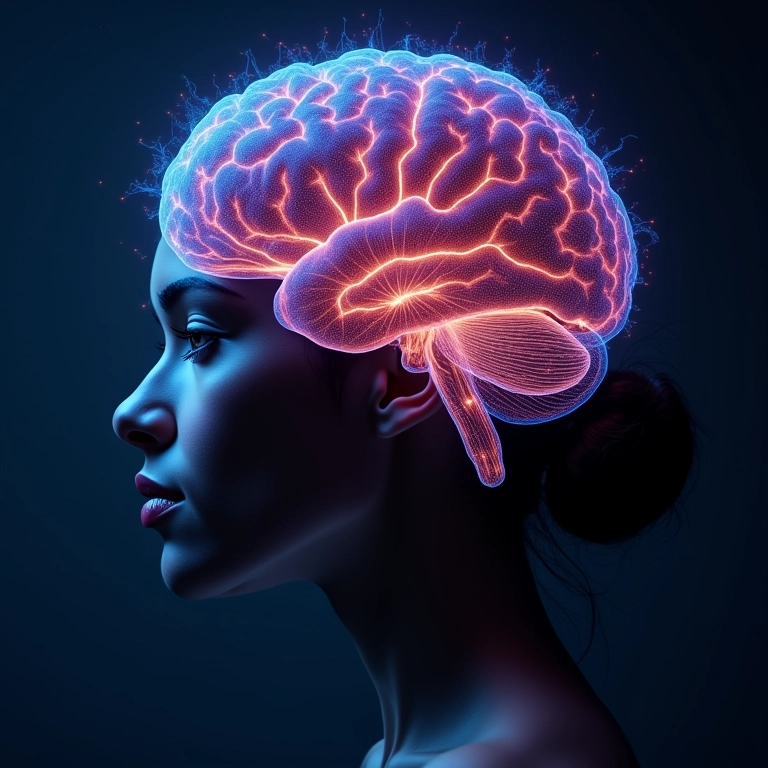 Cérebro iluminado, subconsciente em ação, mulher sorrindo.