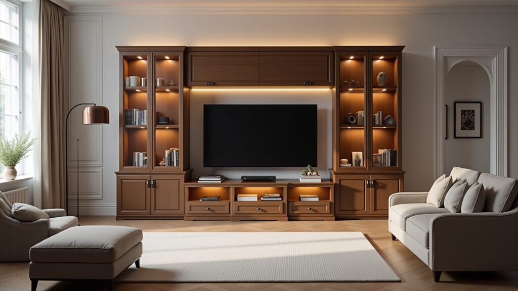 Painel para TV com boiseries em sala clássica.