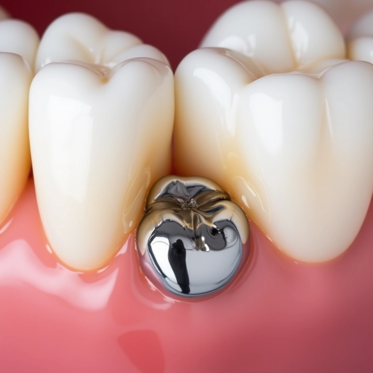 Close-up de uma obturação de amálgama extraída, com o dente mostrando o local.