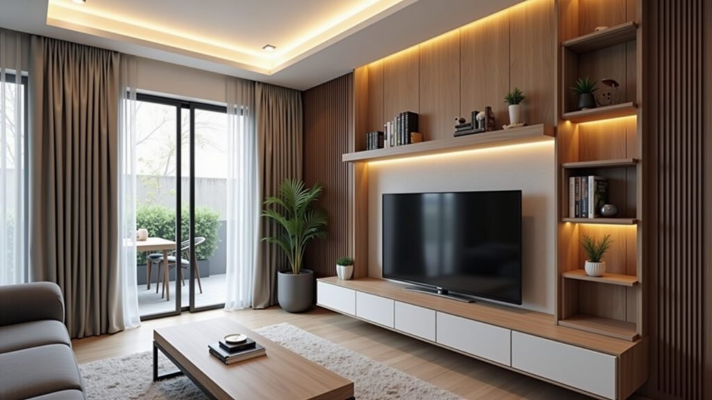 Painel de canto para TV em sala compacta.