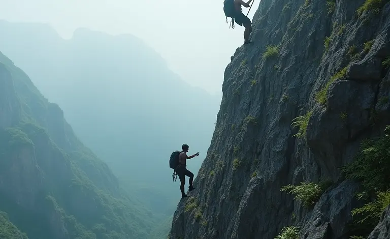 Comparação visual entre persistir e insistir, com um alpinista determinado e outro desistindo.
