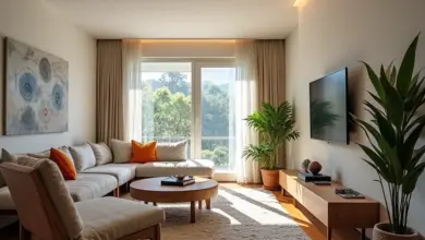 Comparação visual entre TVs de 50 e 55 polegadas em salas de estar aconchegantes.