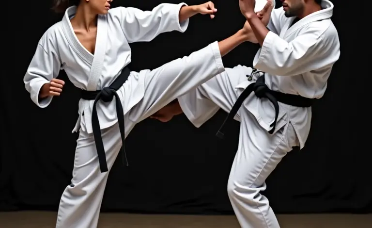 Comparativo entre karatê e judô: um atleta aplicando um chute e outro realizando uma projeção.