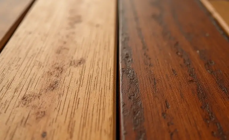 Comparativo lado a lado: verniz brilhante e stain fosco em madeira.