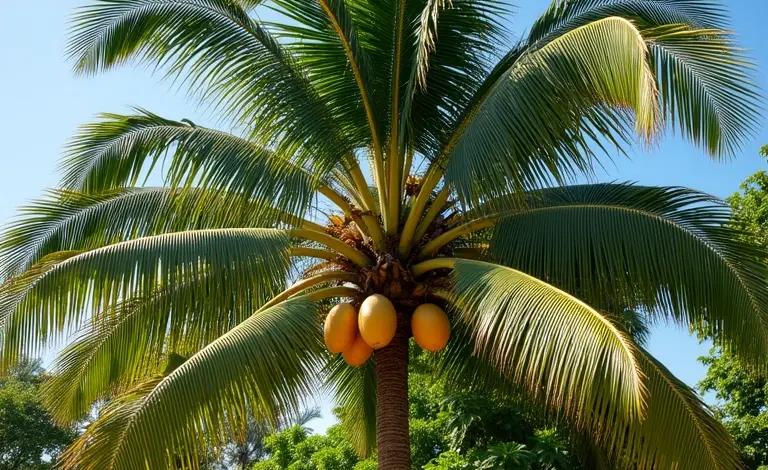Coqueiro exuberante carregado de cocos em jardim tropical ensolarado.