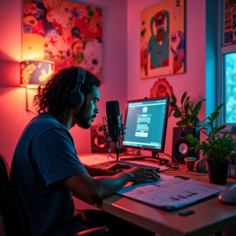 Cores e elementos visuais atraentes em podcast.