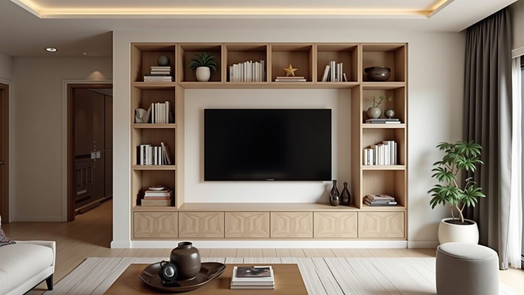 Painel para TV com nichos e prateleiras.