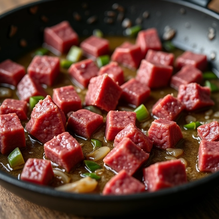 Cubos de carne sendo refogados em substituição ao frango.