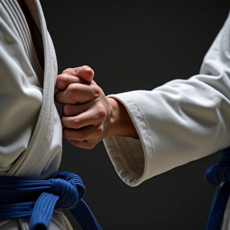 Detalhe de dois judocas segurando os gies um do outro.