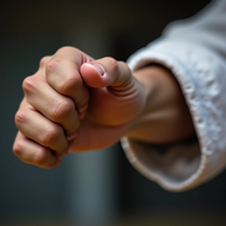 Detalhe de um bloqueio de karatê, mostrando a força e o foco.