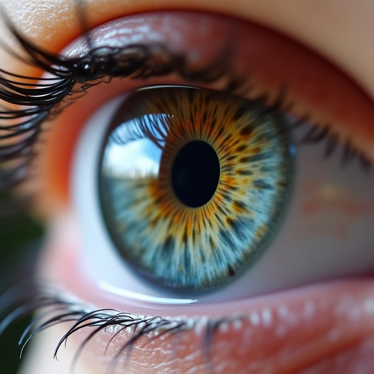 Detalhe de um olho com reflexo irregular, representando astigmatismo.