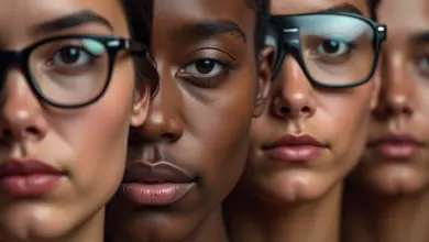 Diferentes rostos com e sem óculos, representando miopia e astigmatismo.