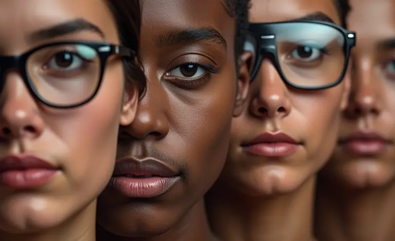 Diferentes rostos com e sem óculos, representando miopia e astigmatismo.