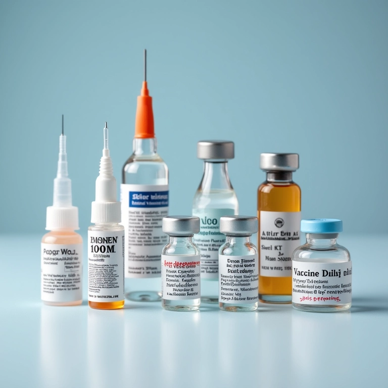 Diversas vacinas com rótulos, exemplos de imunização ativa.