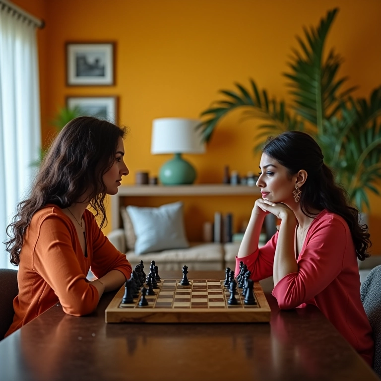 Duas mulheres jogando xadrez em sala com decoração brasileira.
