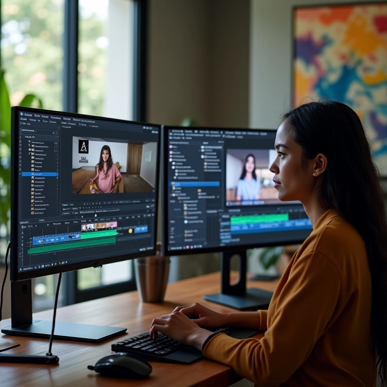 Edição de vídeo de podcast em software profissional.