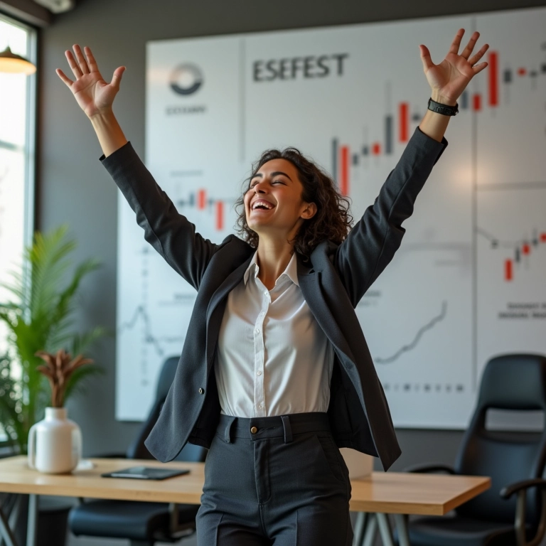 Empresária comemora sucesso financeiro.