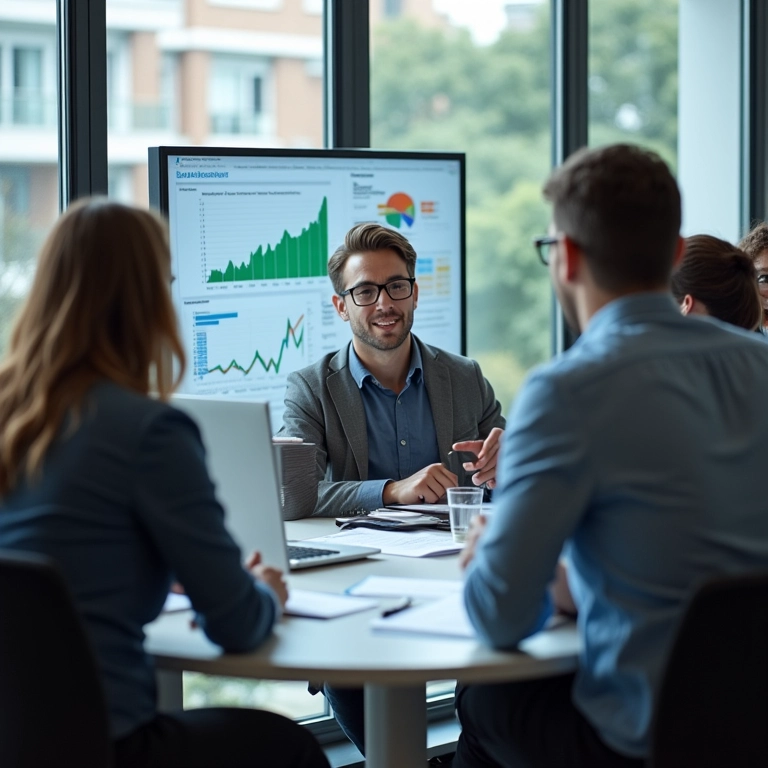 Equipe comunicando-se efetivamente sobre um relatório de dados bem estruturado.
