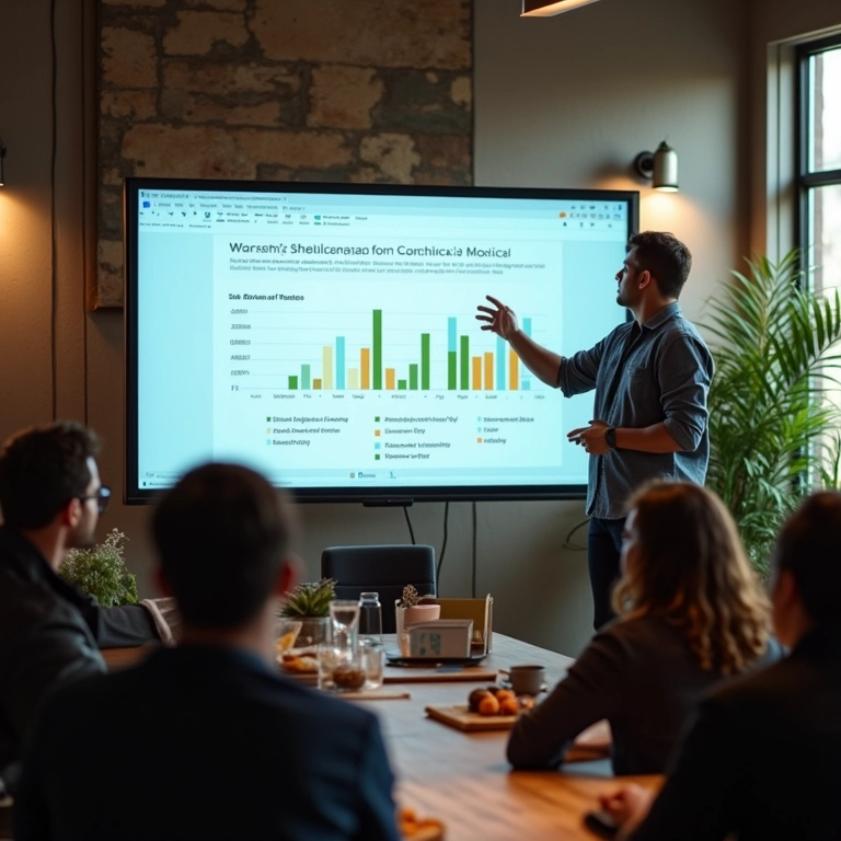 Equipe de marketing apresentando resultados de campanha baseados em dados.