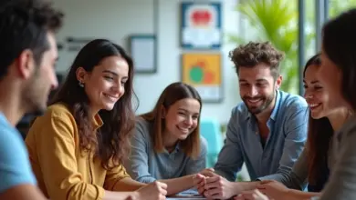 Equipe diversa colaborando em brainstorming de marketing conversacional.