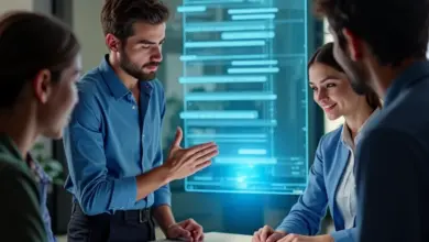 Equipe diversa colaborando em torno de tela digital mostrando interface de chat para marketing conversacional.