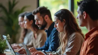 Equipe diversa gerenciando estoque de e-commerce em escritório iluminado.