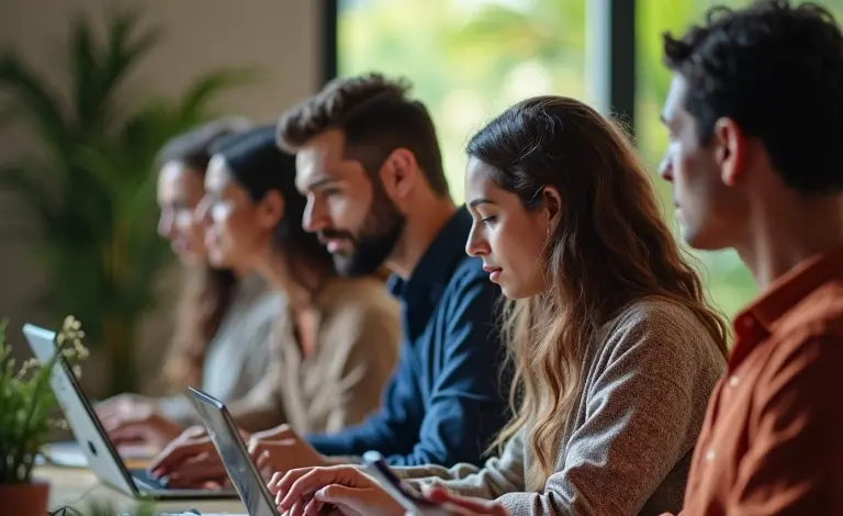 Equipe diversa gerenciando estoque de e-commerce em escritório iluminado.